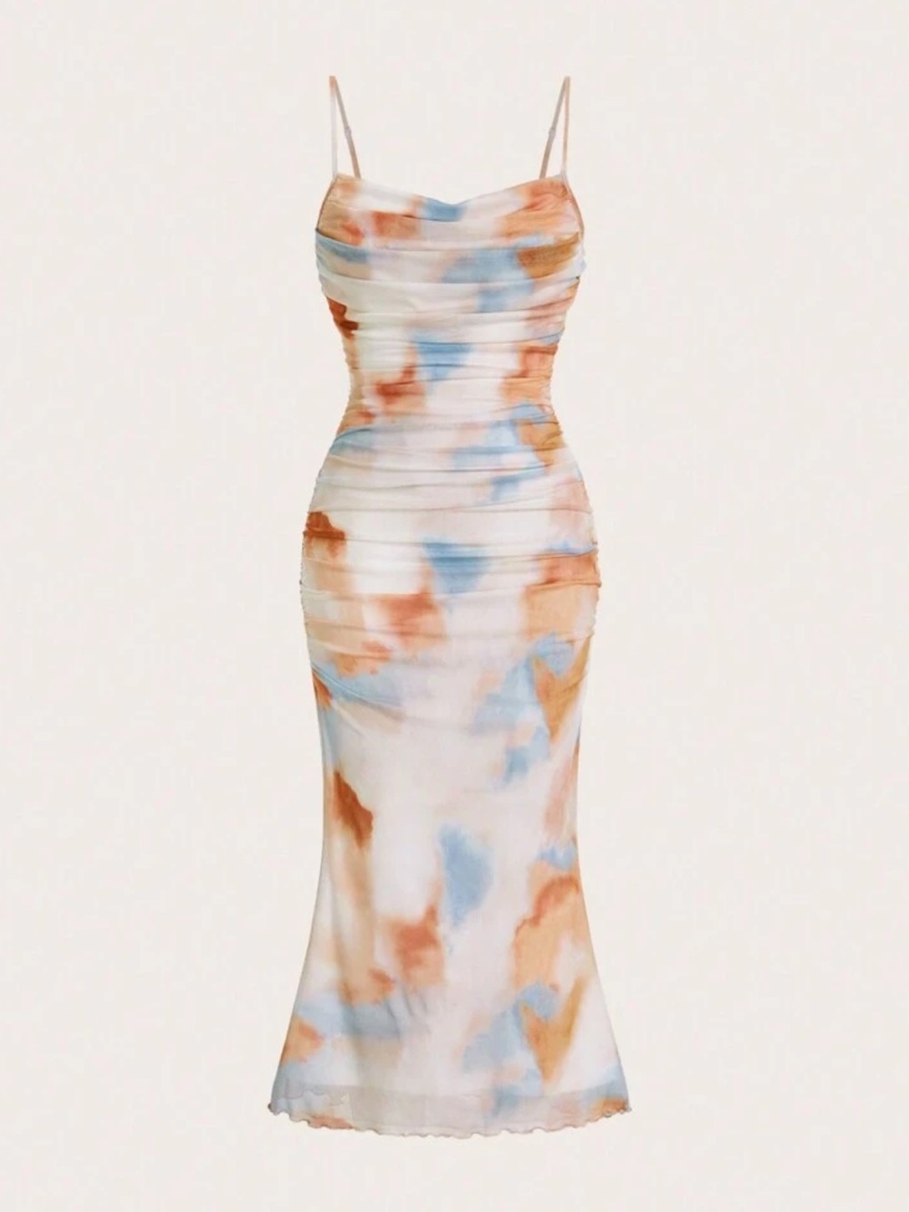 Ruched Slip Dress in Blue and Tan Print